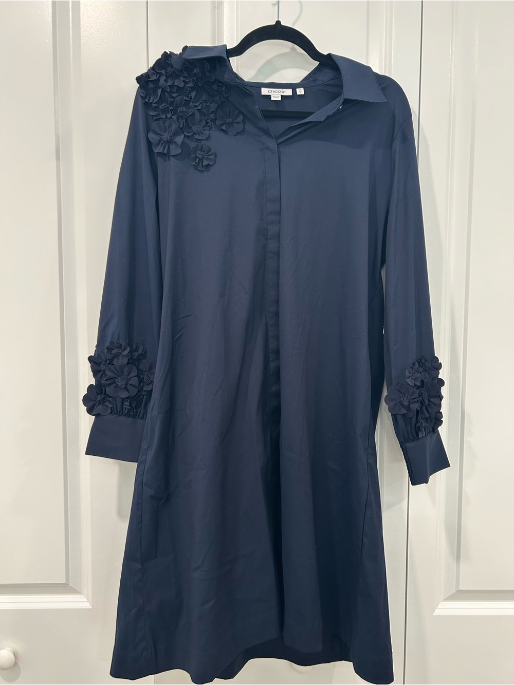 Chico's Navy Long-Sleeve Short Dress with 3D Floral Detail- BRAND NEW